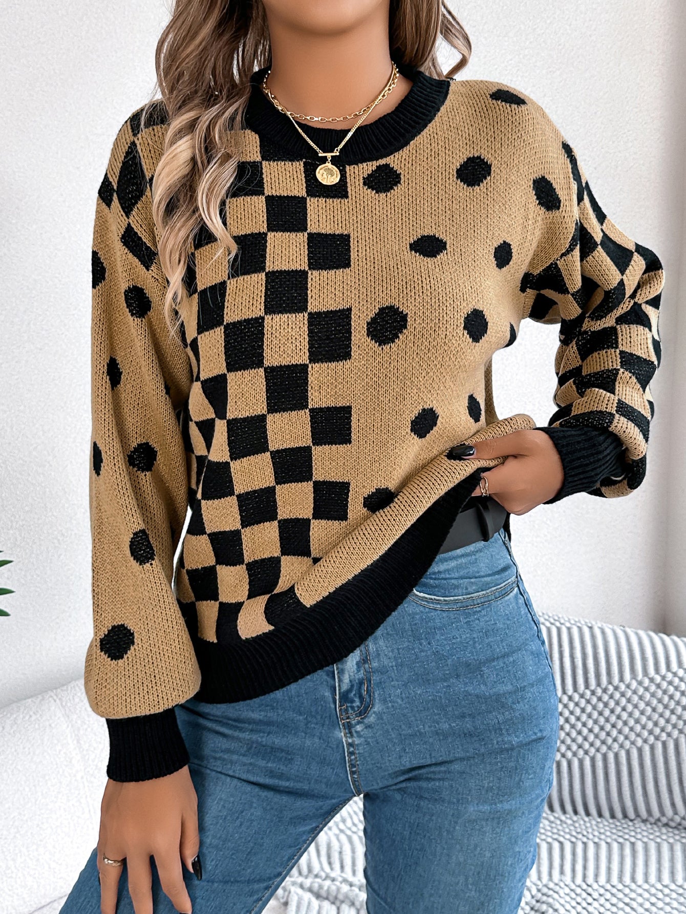 Polka Dot Plaid Lantern Sleeve Pullover Sweater