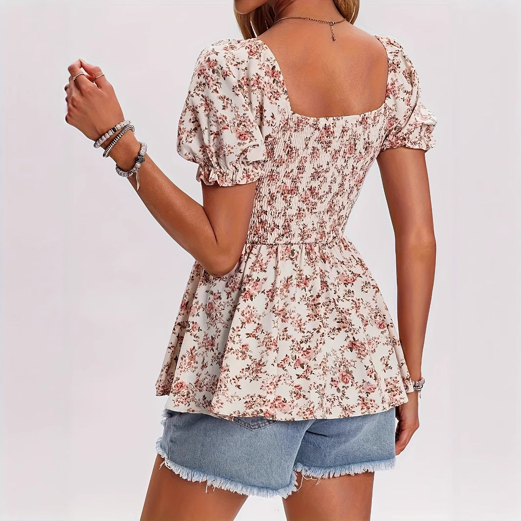 Casual Square Neck Smocked Floral Blouse - threadspired