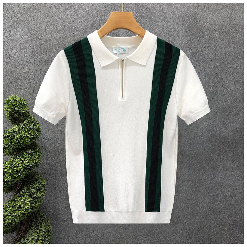 Lapels Half Zipper Knitted Half Sleeve T-shirt - threadspired