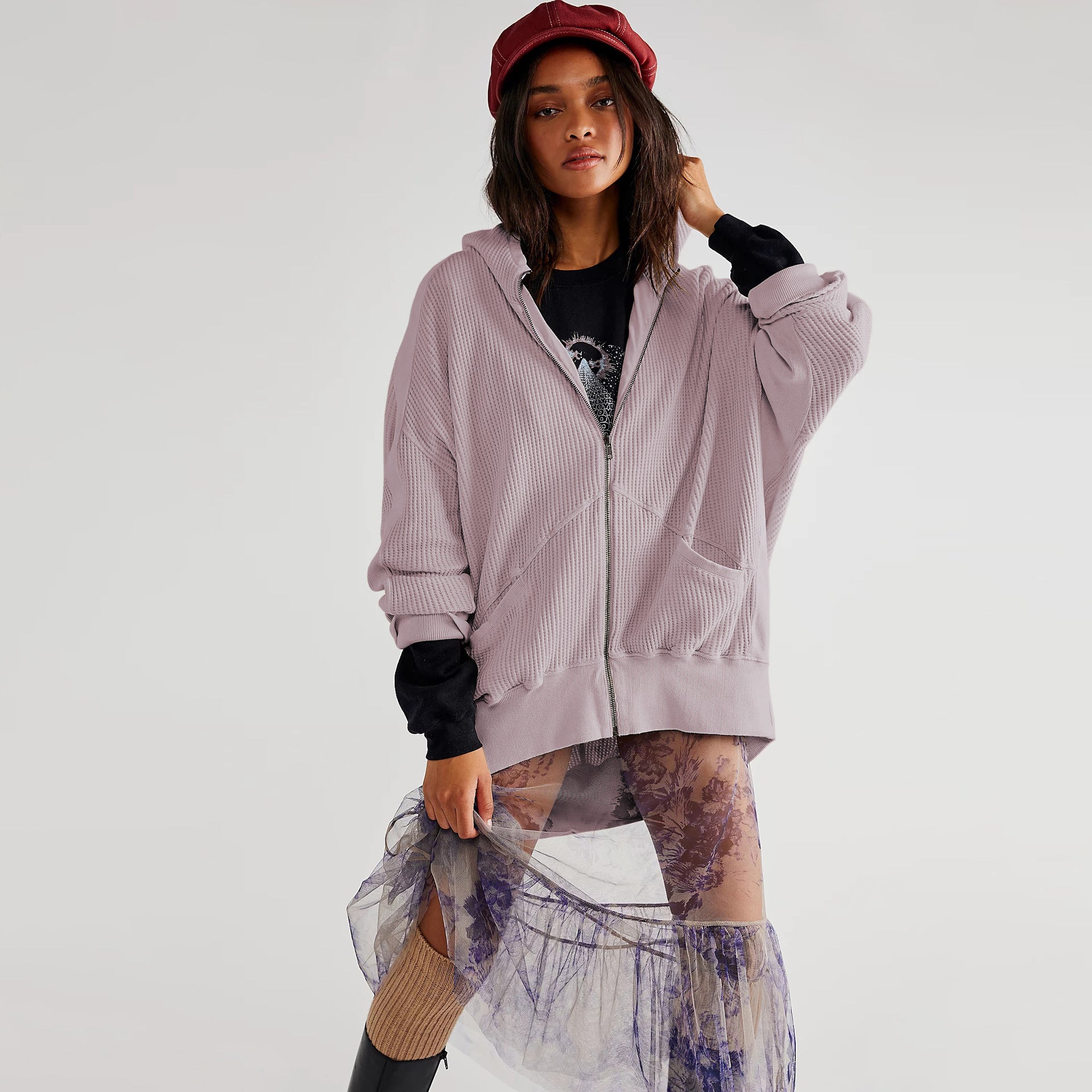 Waffle-knit Hooded Cardigan With Zipper - threadspired