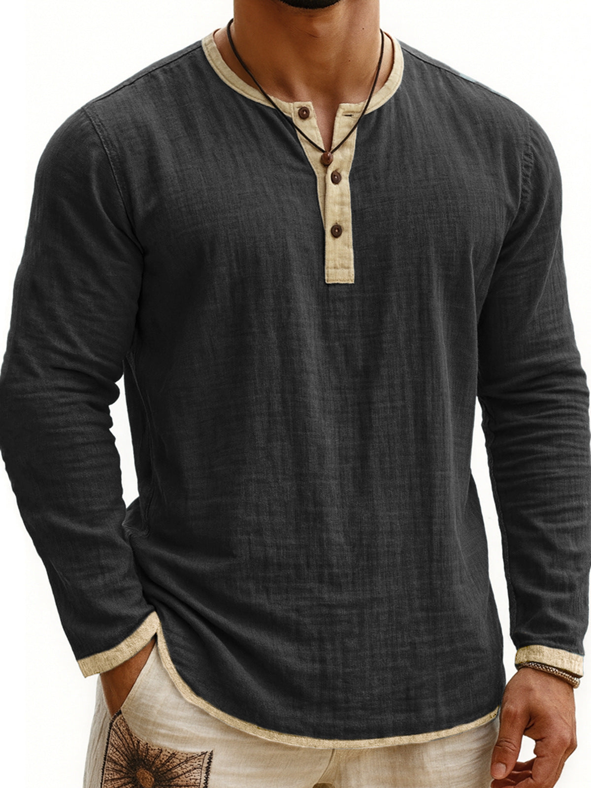 Two-tone Henley 3-button Casual Long Sleeve Top - threadspired