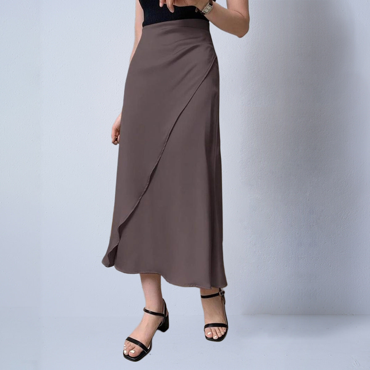 Faux Silk Midi Skirt Satin - threadspired