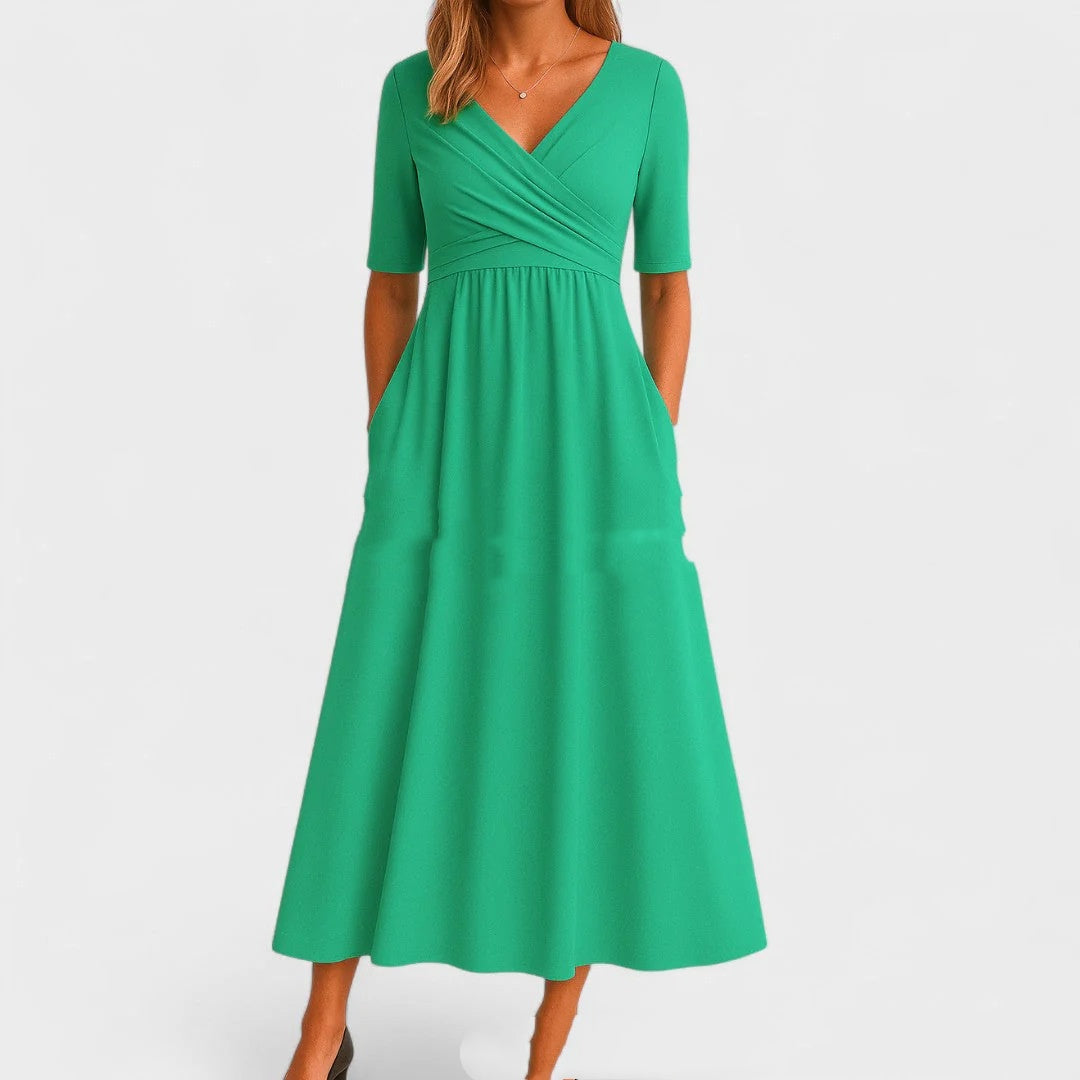 Short Sleeve V-neck Solid Color Dress