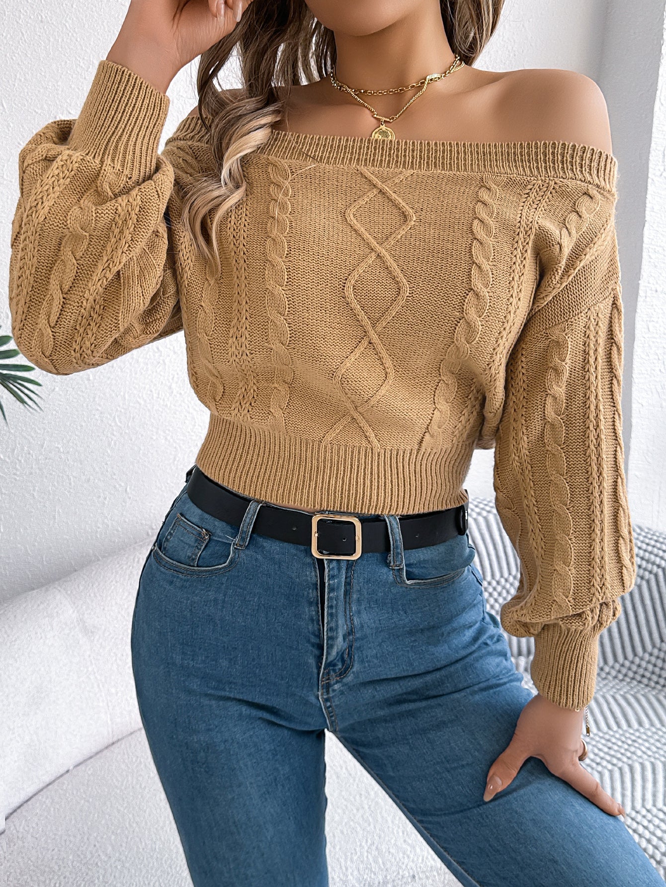 Off-Shoulder V-Neck Long Sleeve Pullover Sweater - threadspired