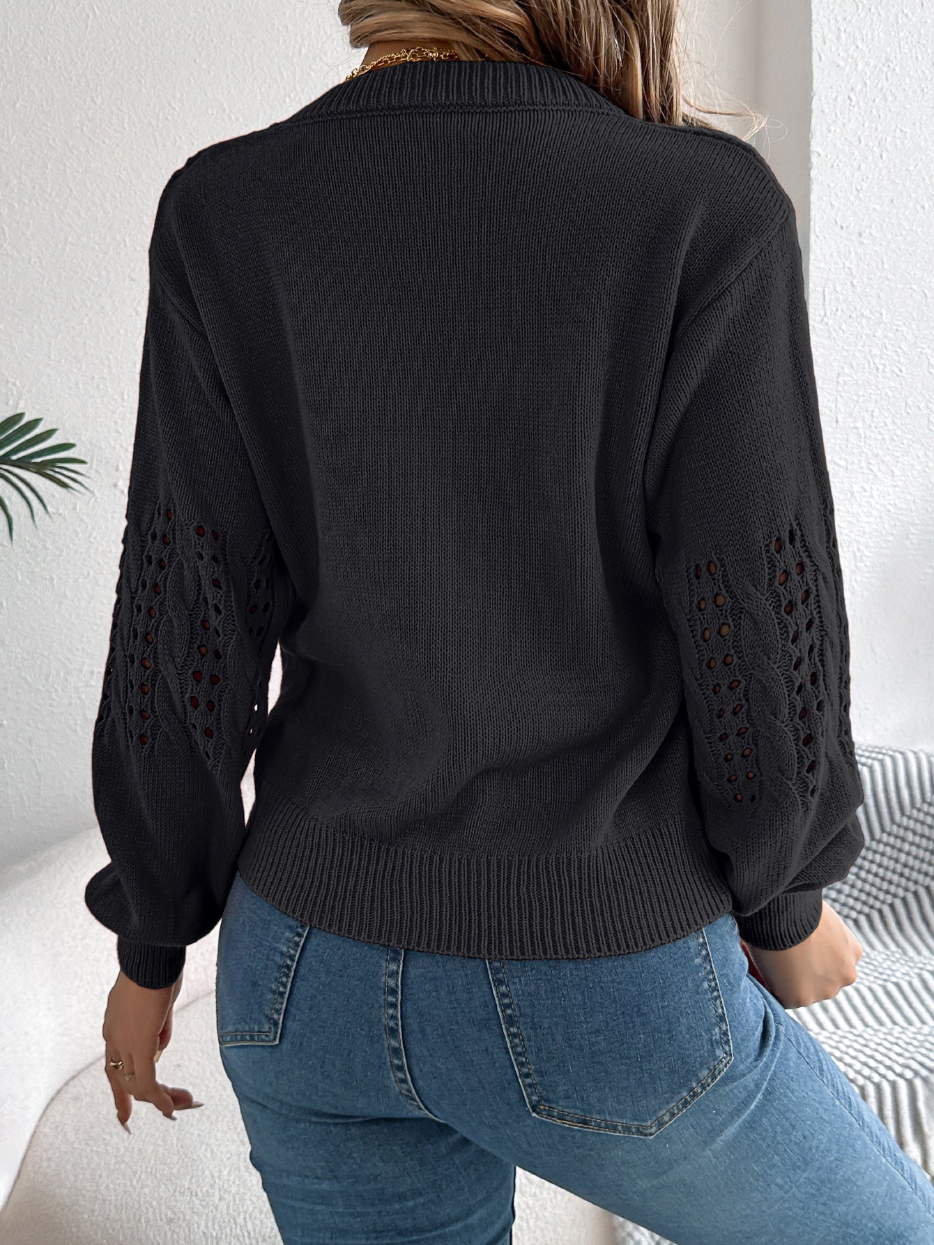 Hollow Out Lantern Sleeve Pullover Sweater