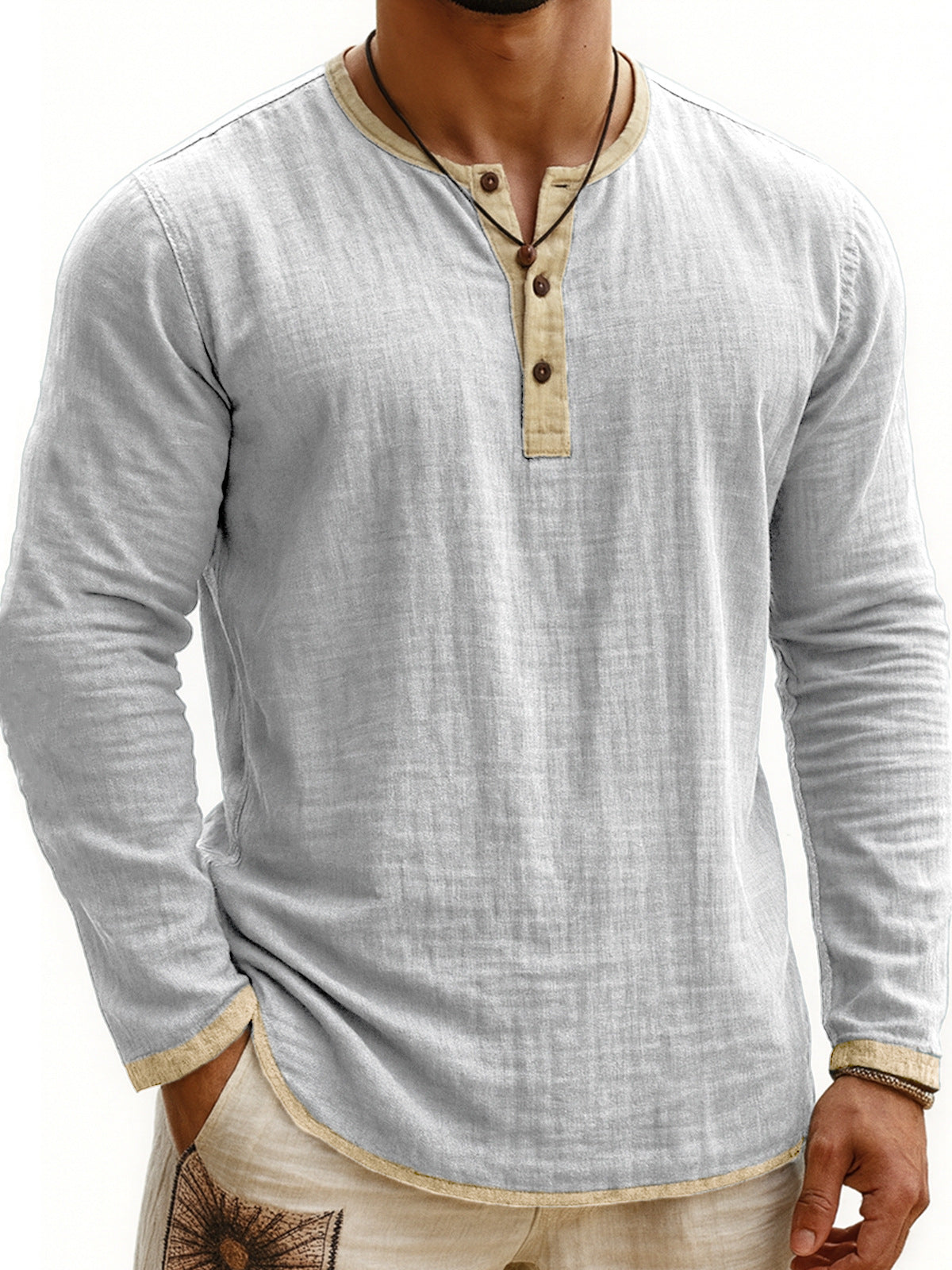 Two-tone Henley 3-button Casual Long Sleeve Top - threadspired