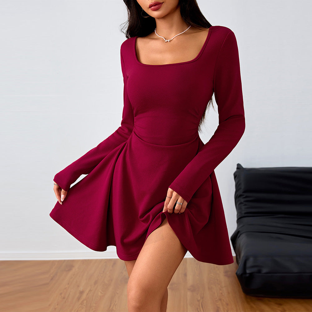 Square-neck Dress With High-waisted Designer-style Wine-red Hue
