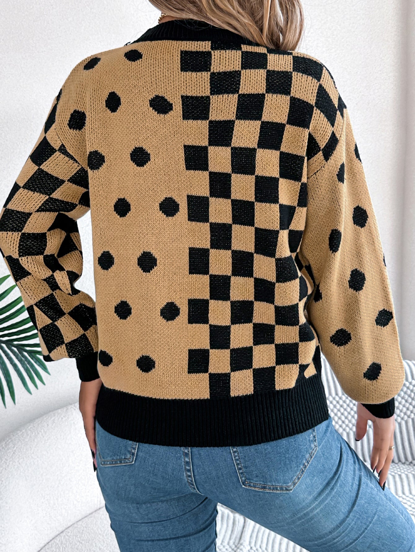 Polka Dot Plaid Lantern Sleeve Pullover Sweater